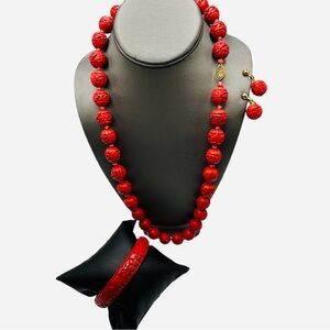Vintage Chinese Export Genuine Cinnabar Bead Necklace Bracelet Earrings …